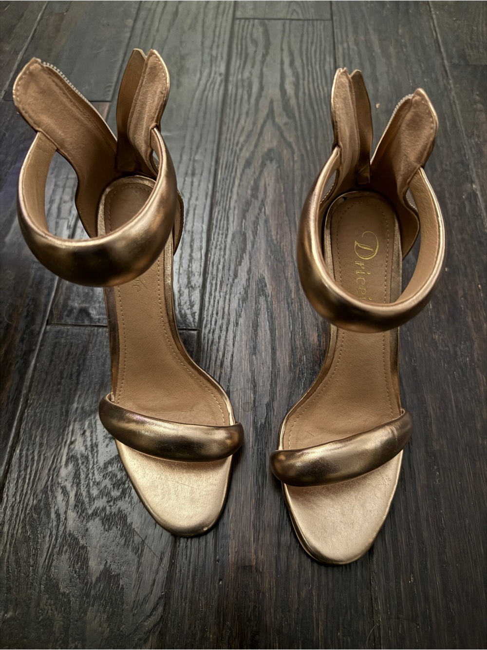 Gold Metallic Open-Toe Sculptural Ankle-Strap Heels